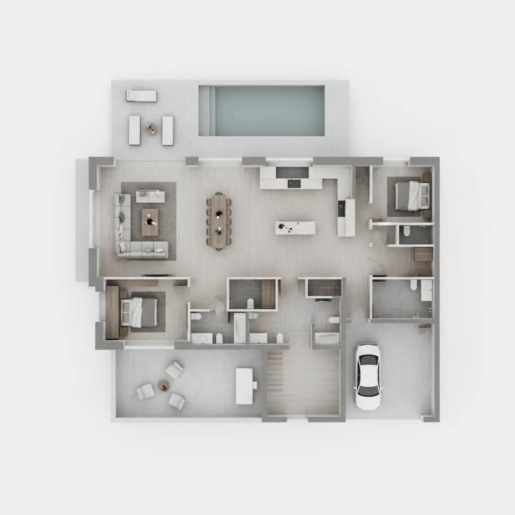 Plano arquitectónico 3D de distribución de una vivienda moderna