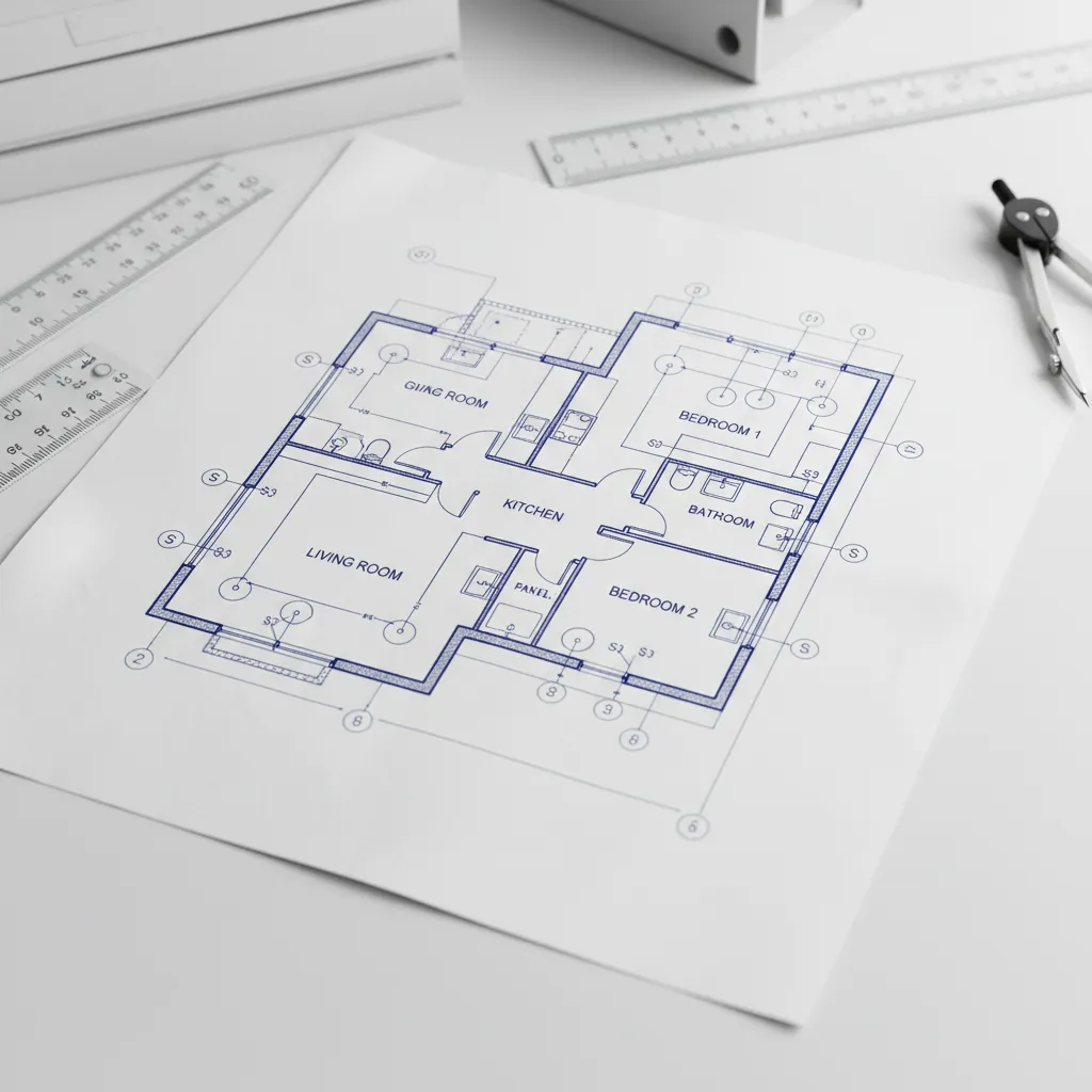 Plano técnico de instalación eléctrica en una vivienda con símbolos de enchufes y luces