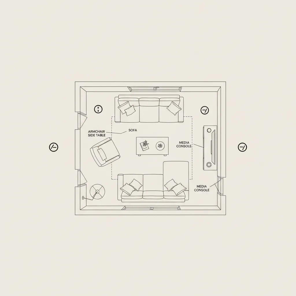 Plano de salón mostrando ubicación de enchufes eléctricos
