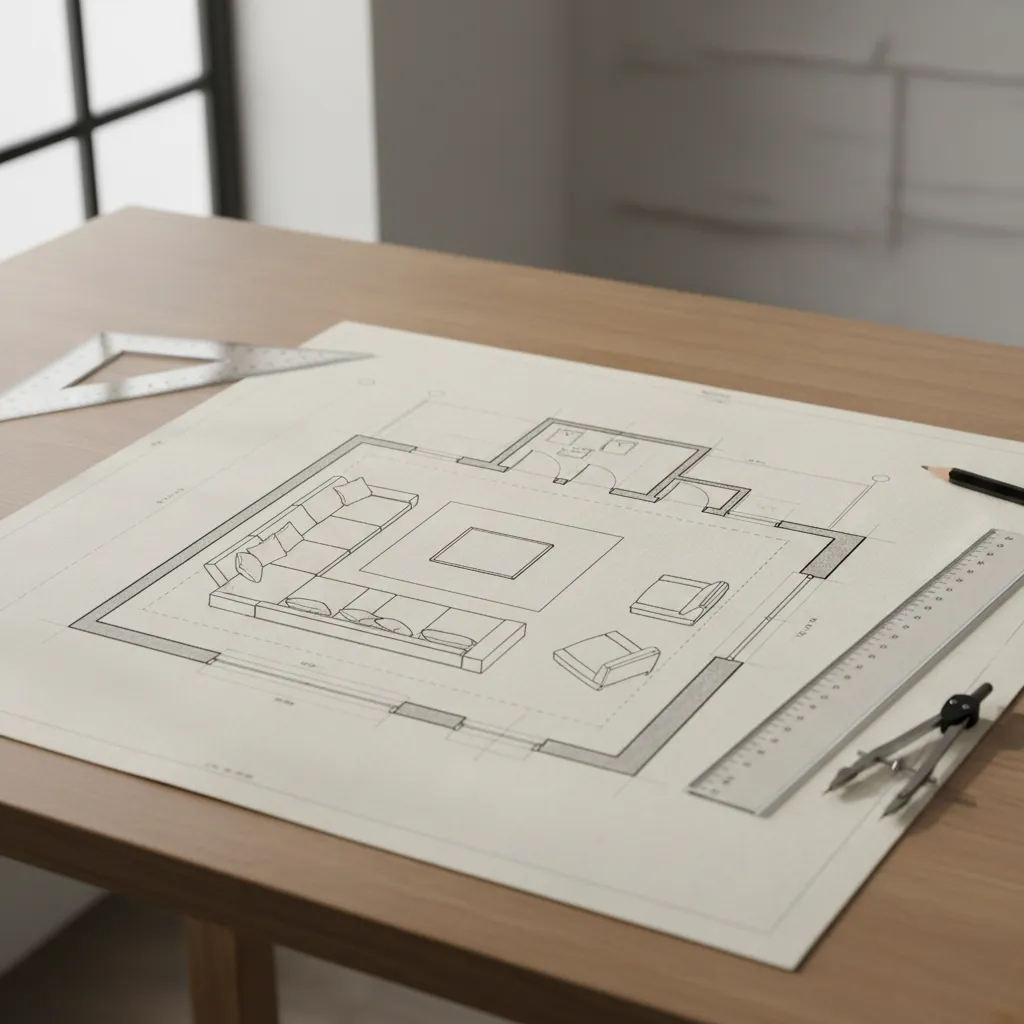 Plano de salón dibujado a escala con muebles y medidas