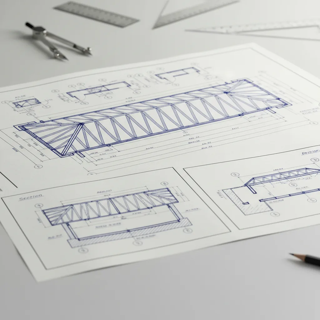 Plano técnico de estructura metálica para techo residencial