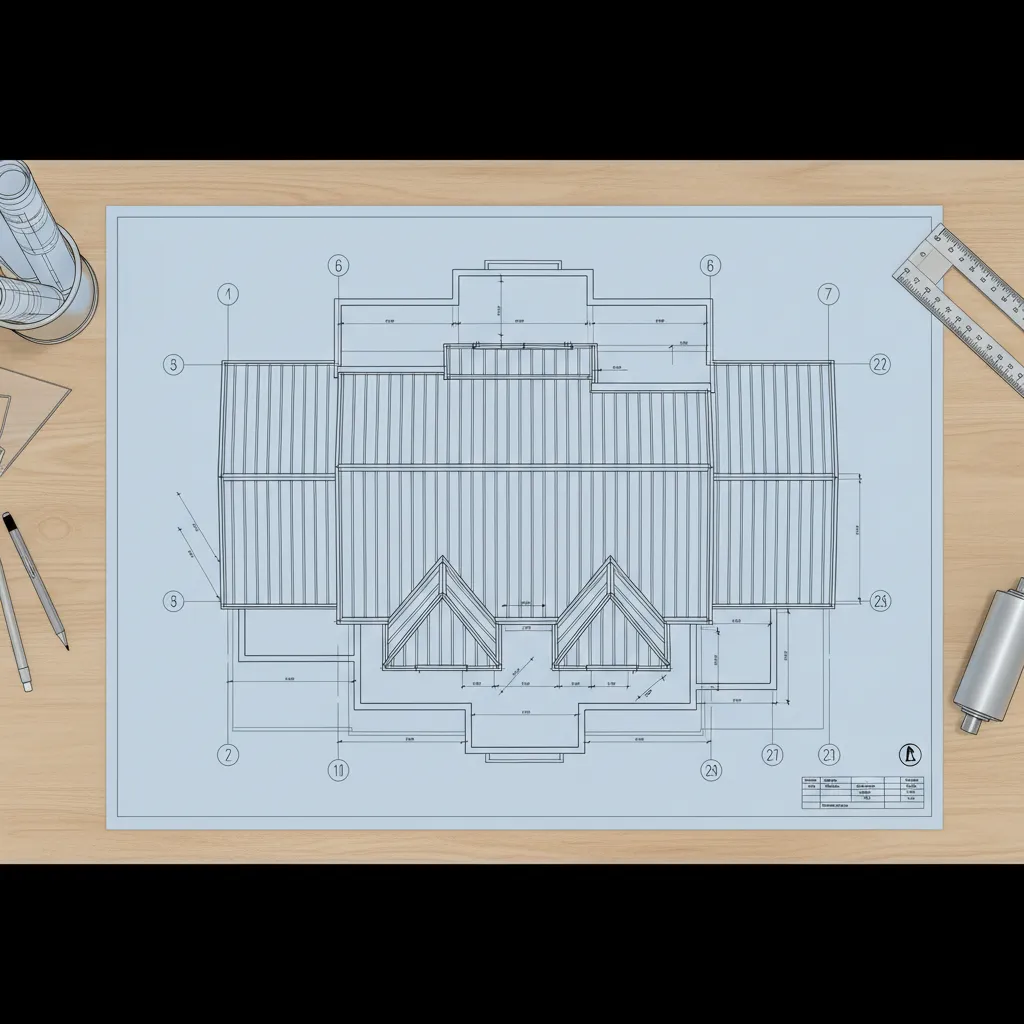Plano técnico de estructura metálica de techo para vivienda
