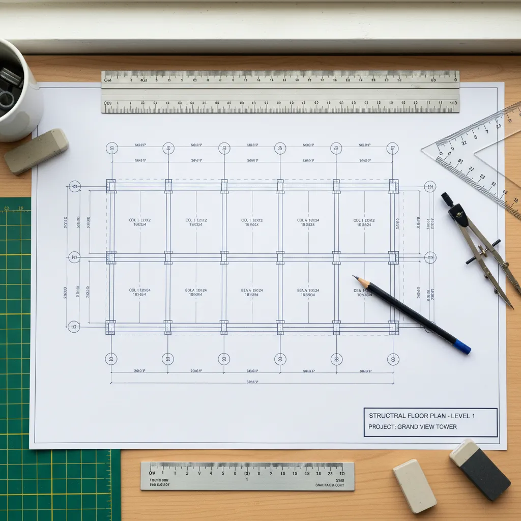 Plano estructural de una vivienda con columnas vigas y medidas