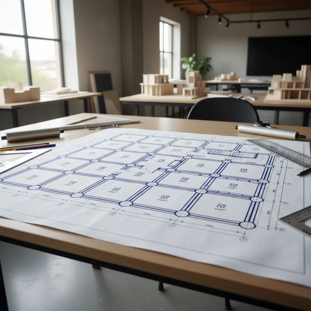 Detailed interior design drawing on a wooden table with pencils and house models in background
