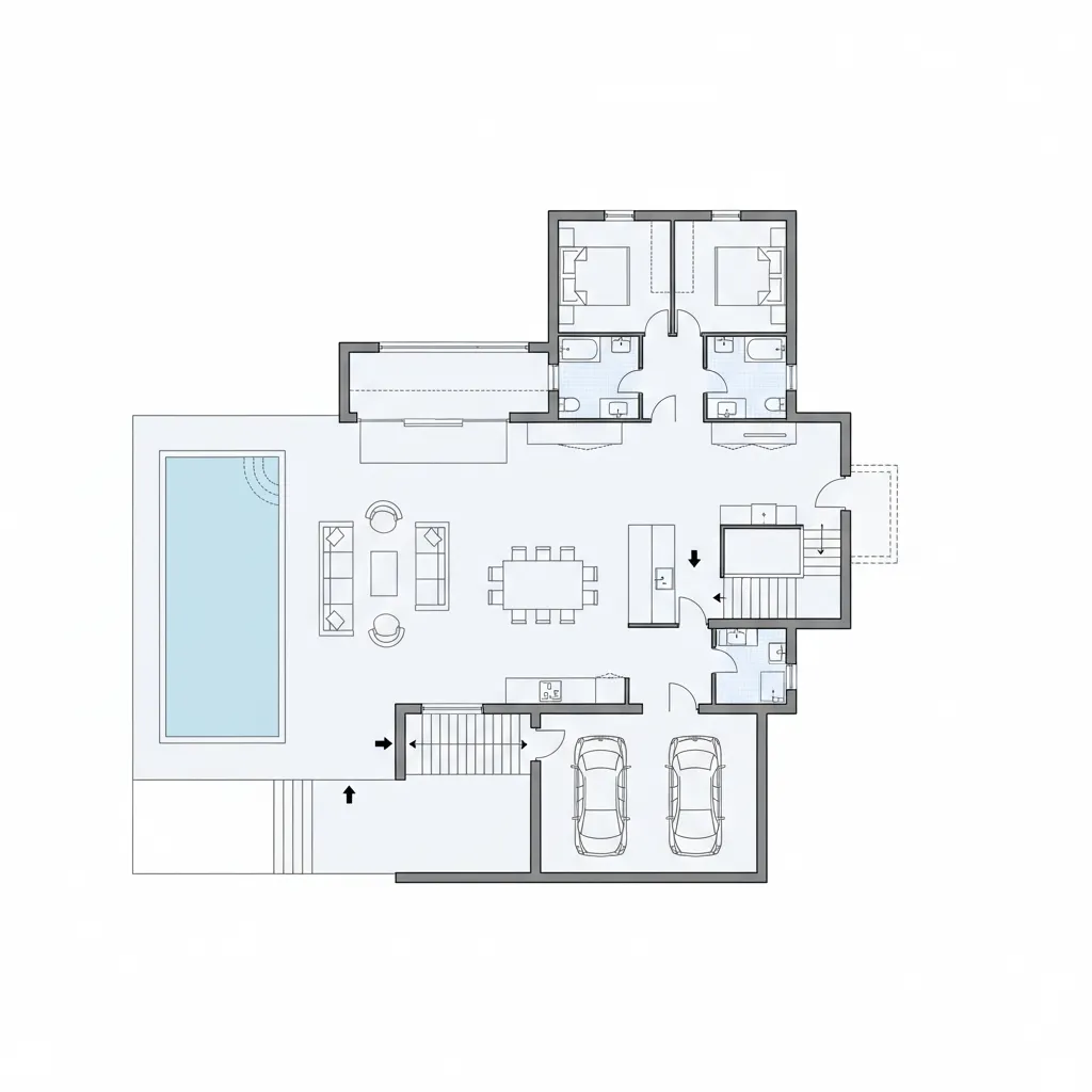 House floor plan drawing showing swimming pool living room kitchen bedrooms and two car garage
