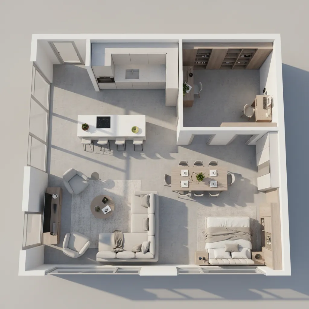 Plano 3D de distribución de un departamento con muebles