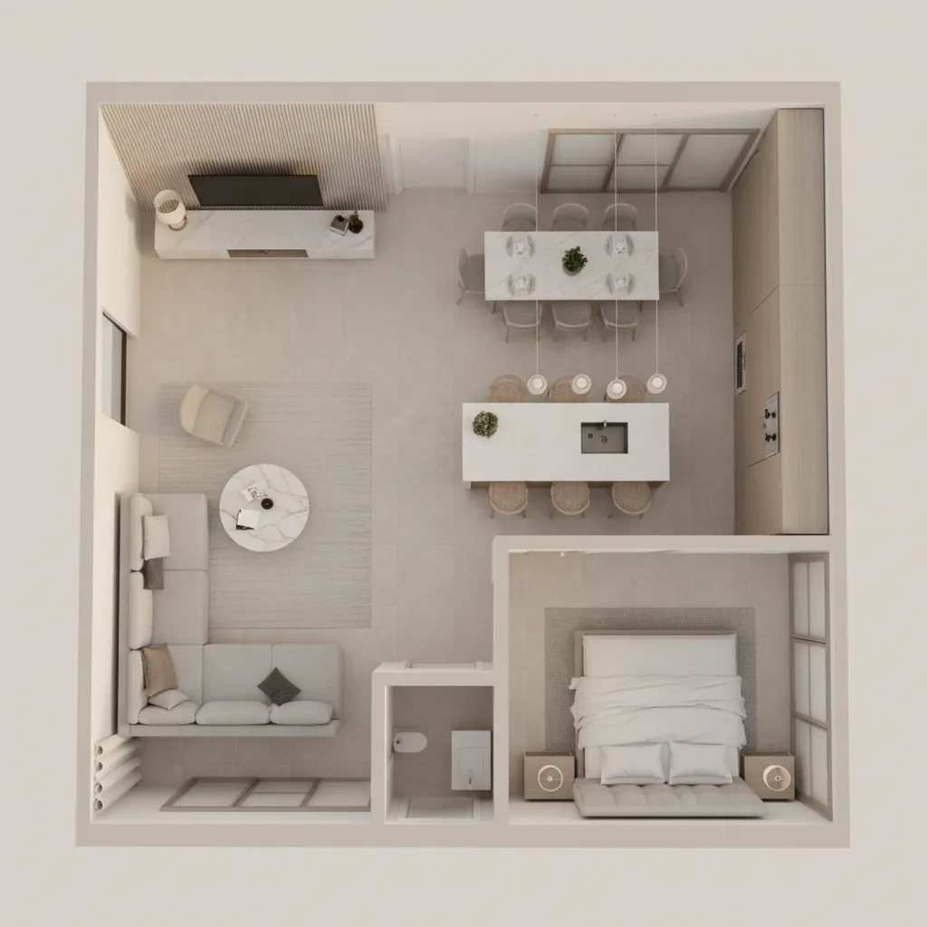 Plano 3D de una vivienda mostrando distribución de habitaciones y muebles