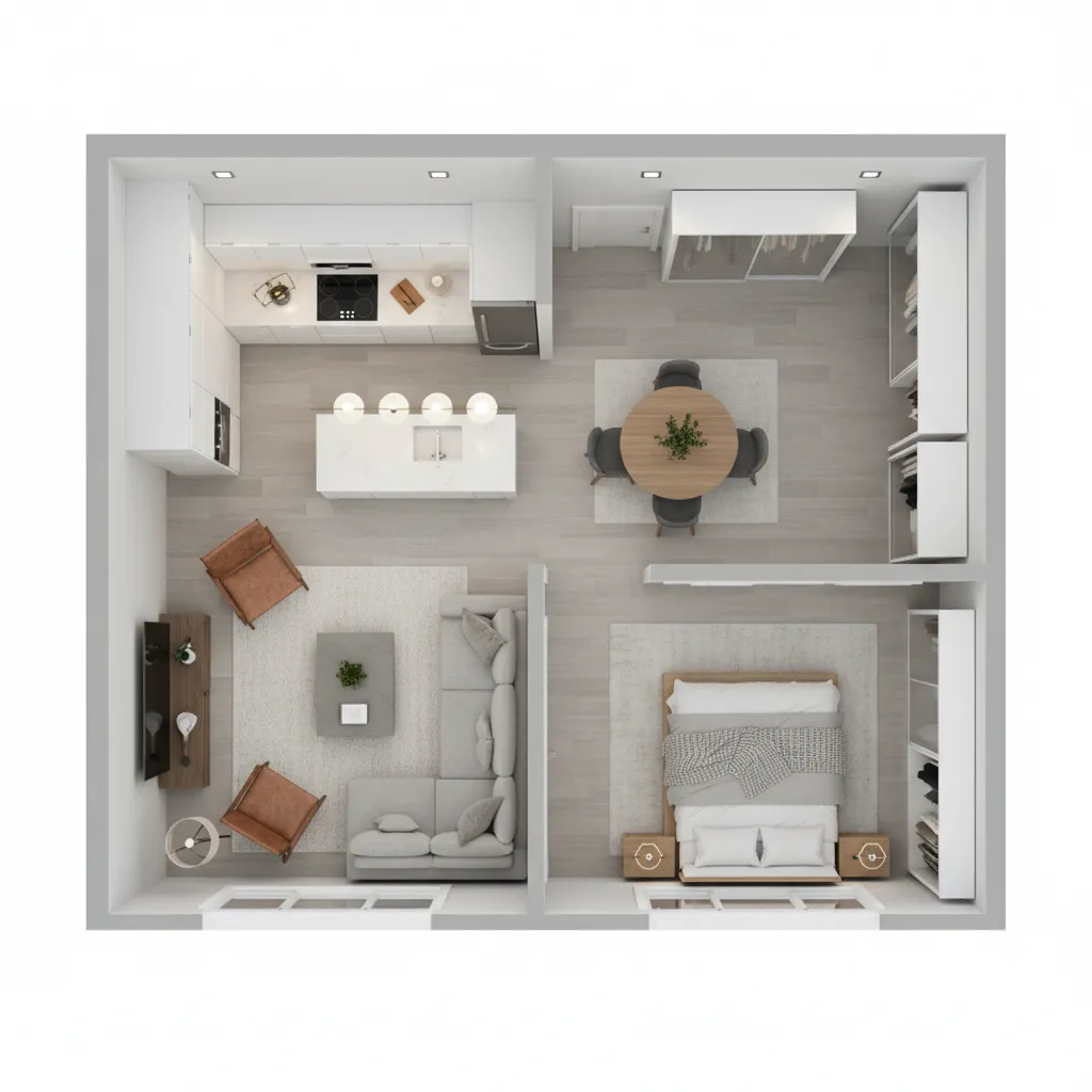 Coohom 3D room layout showing a kitchen dining living area and a small bedroom space