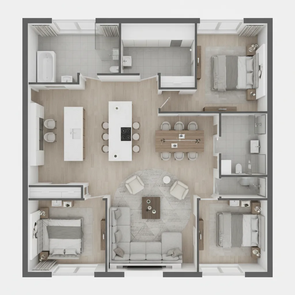 Plano 3D de distribución interior de una vivienda