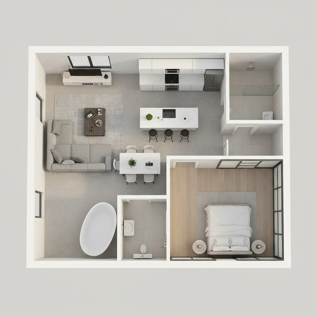 Plano de planta 3D de una vivienda con diferentes habitaciones y muebles