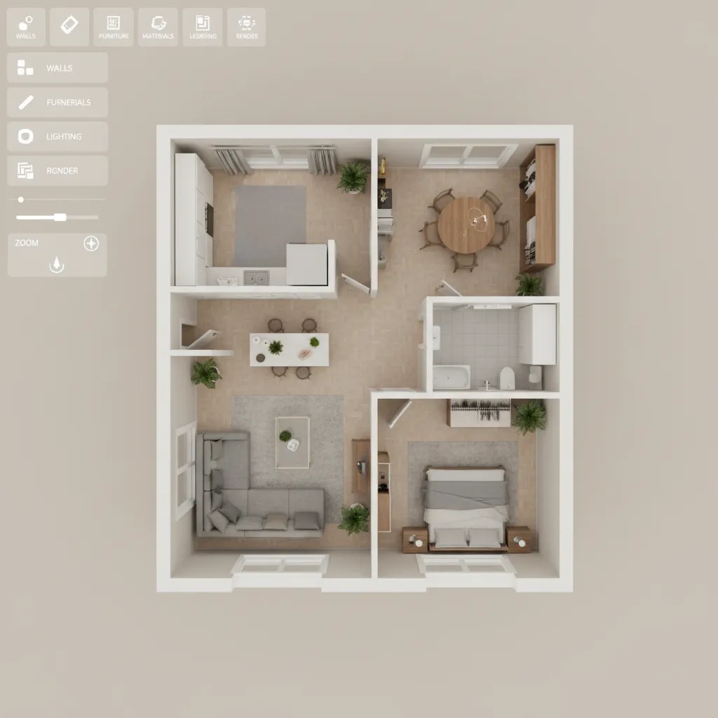 Plano digital de una vivienda con muebles en vista 3D dentro de un programa de diseño