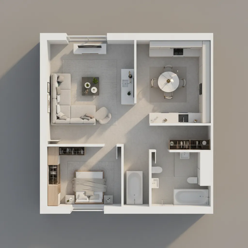 Plano digital 3D de un apartamento con muebles básicos