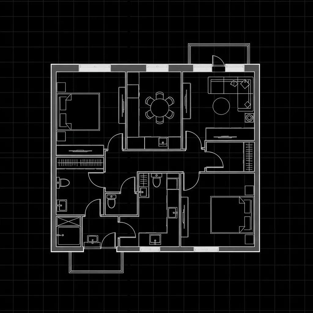 Plano técnico de distribución de un apartamento dibujado en AutoCAD