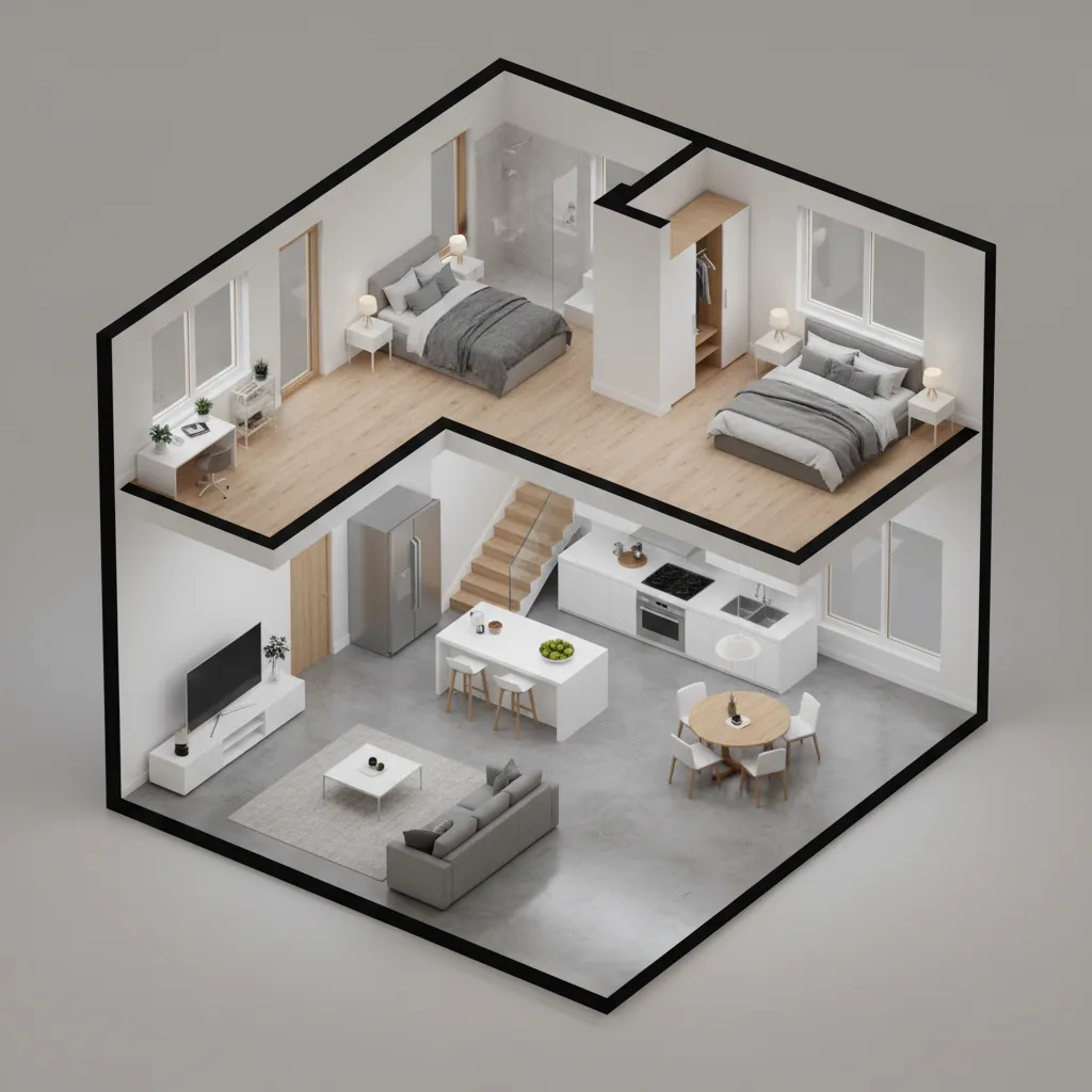 Plano 3D de distribución interior de casa pequeña de dos pisos