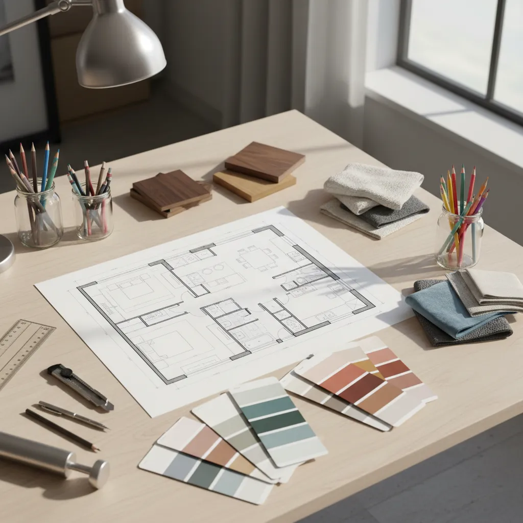Interior design drawing on wooden desk with color swatches pencils fabric samples and small samples