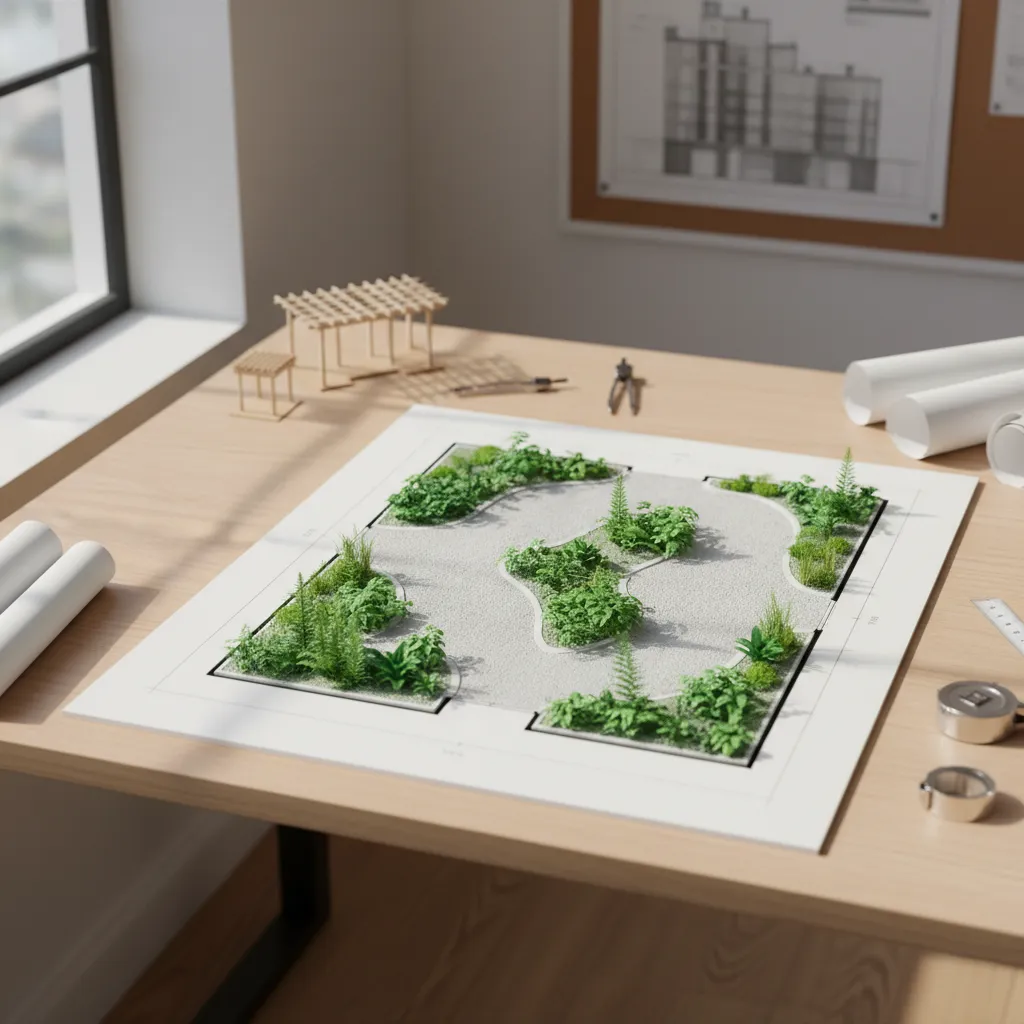 Plano de diseño de jardín interior con distribución de plantas y zonas