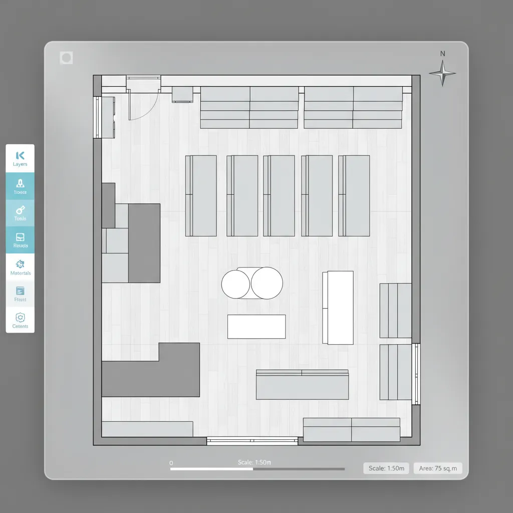Plano digital de un pequeño local comercial con distribución de muebles