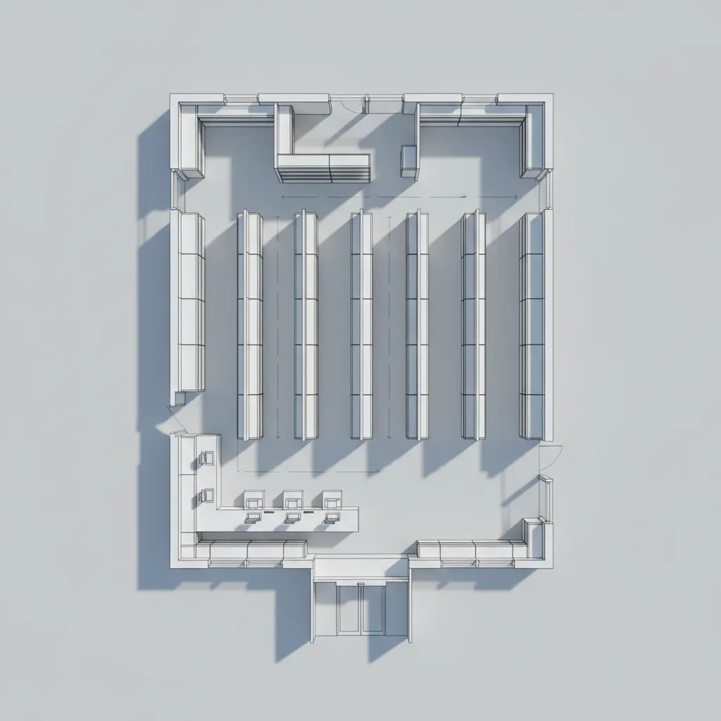 Plano digital de un local comercial con distribución de estanterías y mostrador