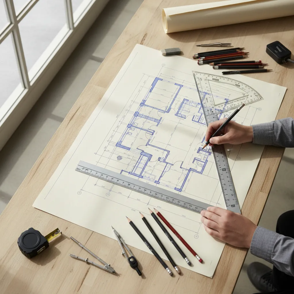 Plano arquitectónico con reglas y medidas para maqueta de casa