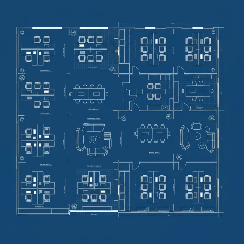Plano 2D de una oficina con diferentes zonas de trabajo