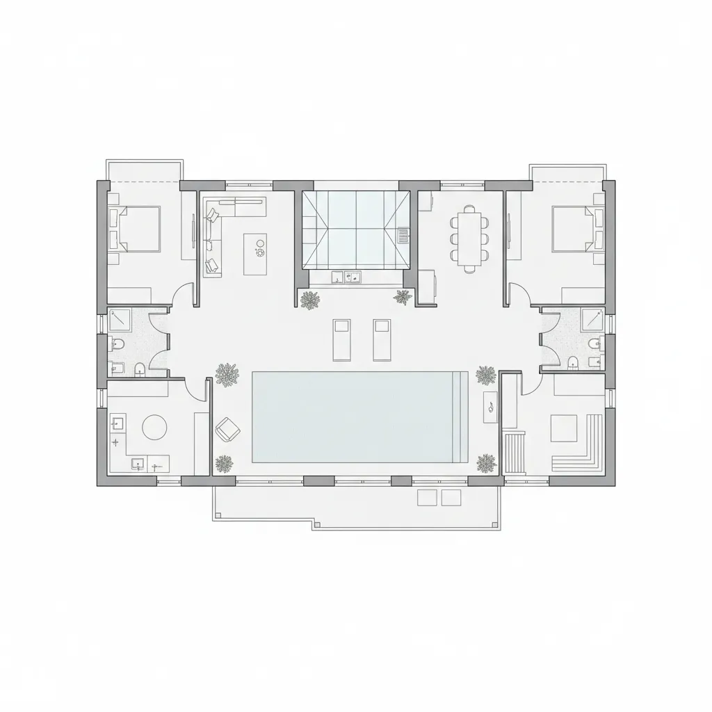 Plano conceptual de una piscina interior dentro de una vivienda
