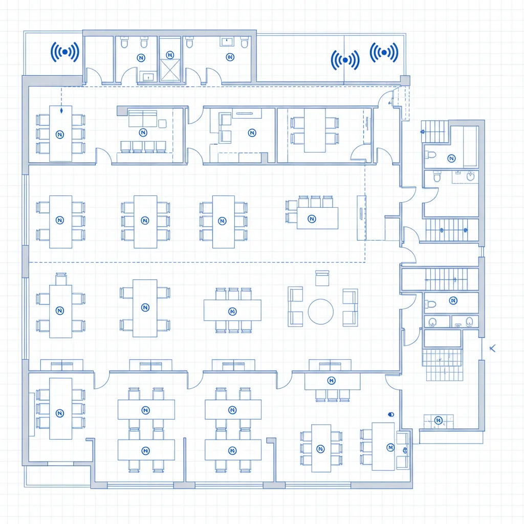 Plano de oficina con distribución de puntos de red y wifi