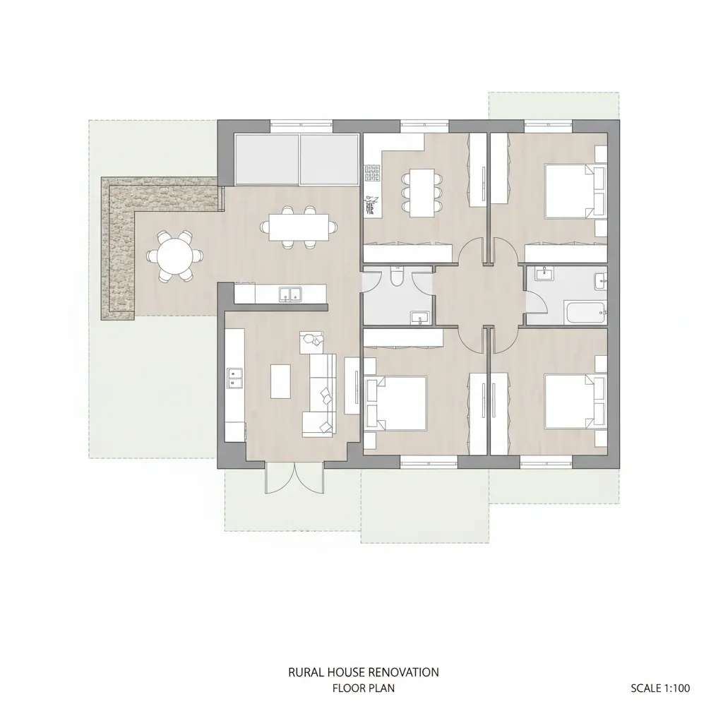 Plano de distribución de una casa rural reformada