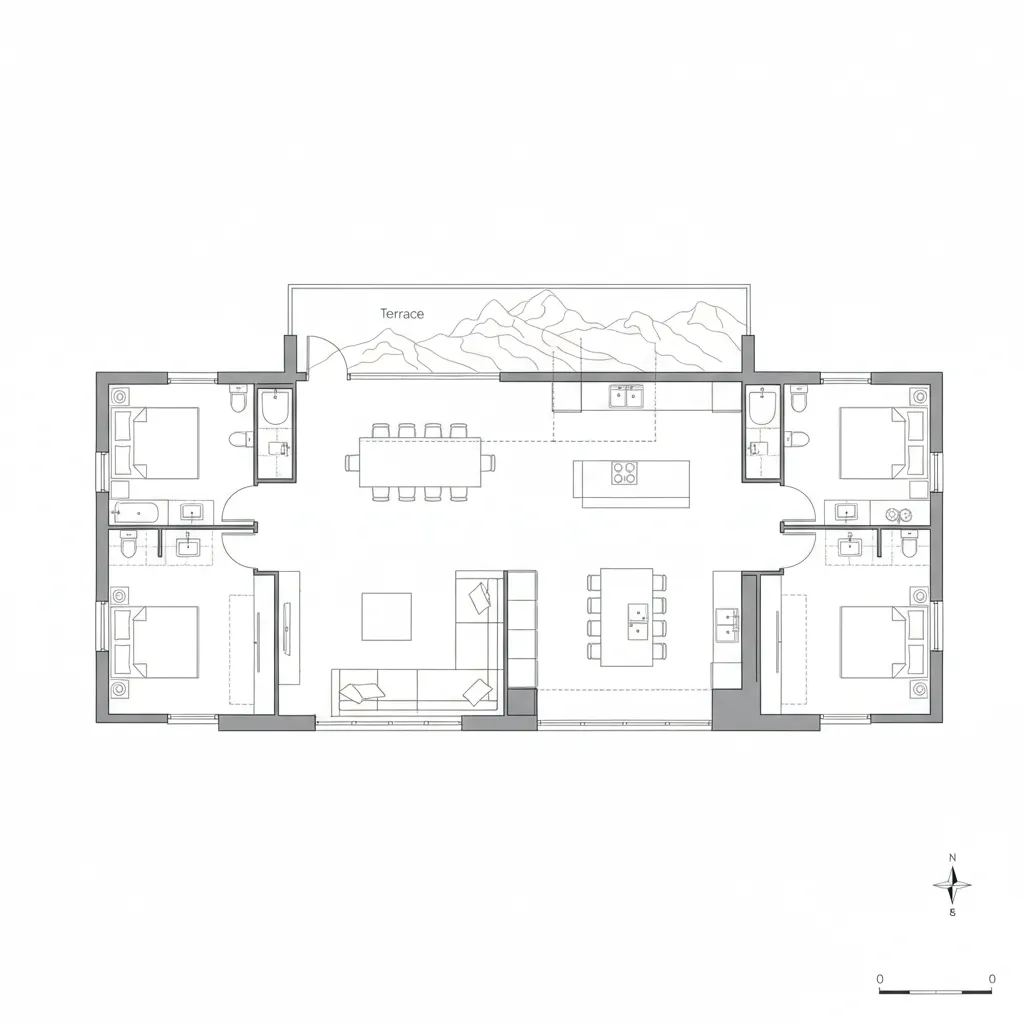 Plano de distribución de una casa de montaña con salón abierto