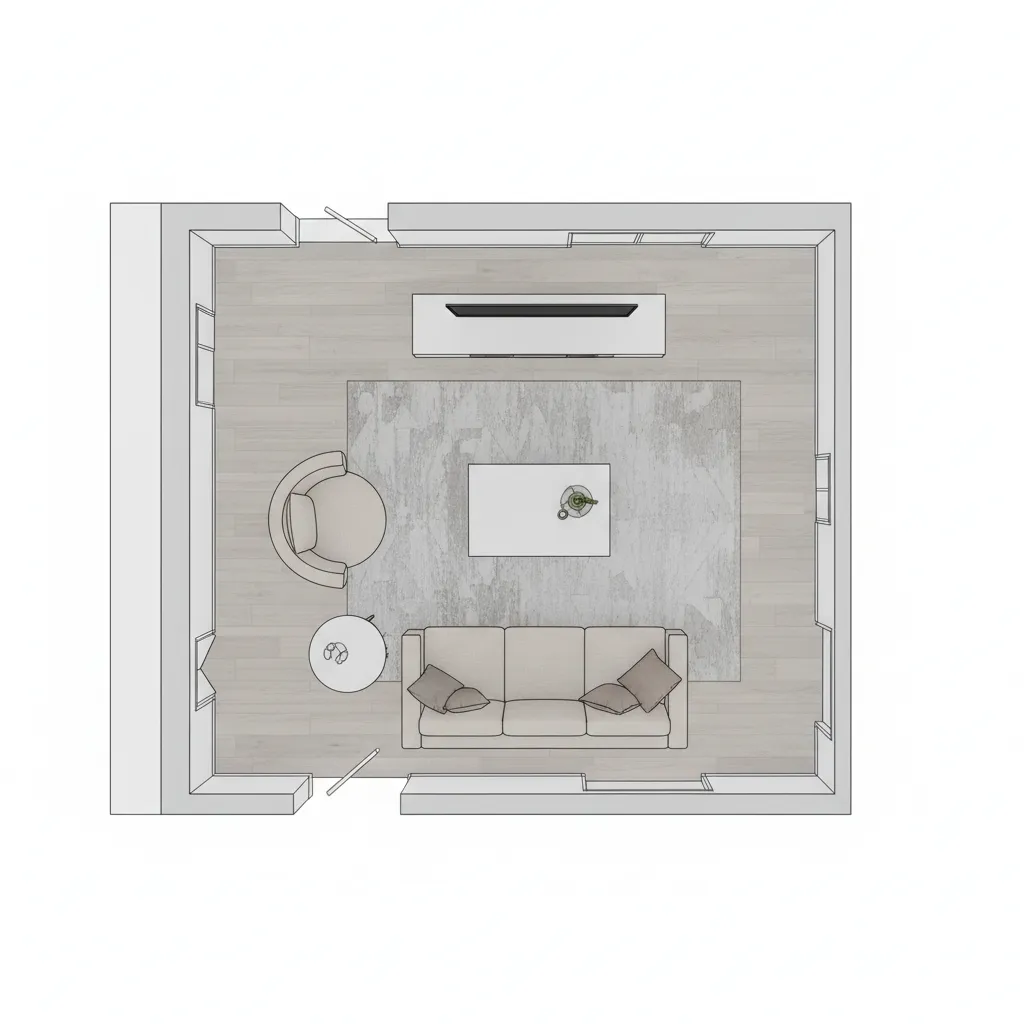 Plano 2D de salón con sofá, mesa de centro y zona de paso marcada