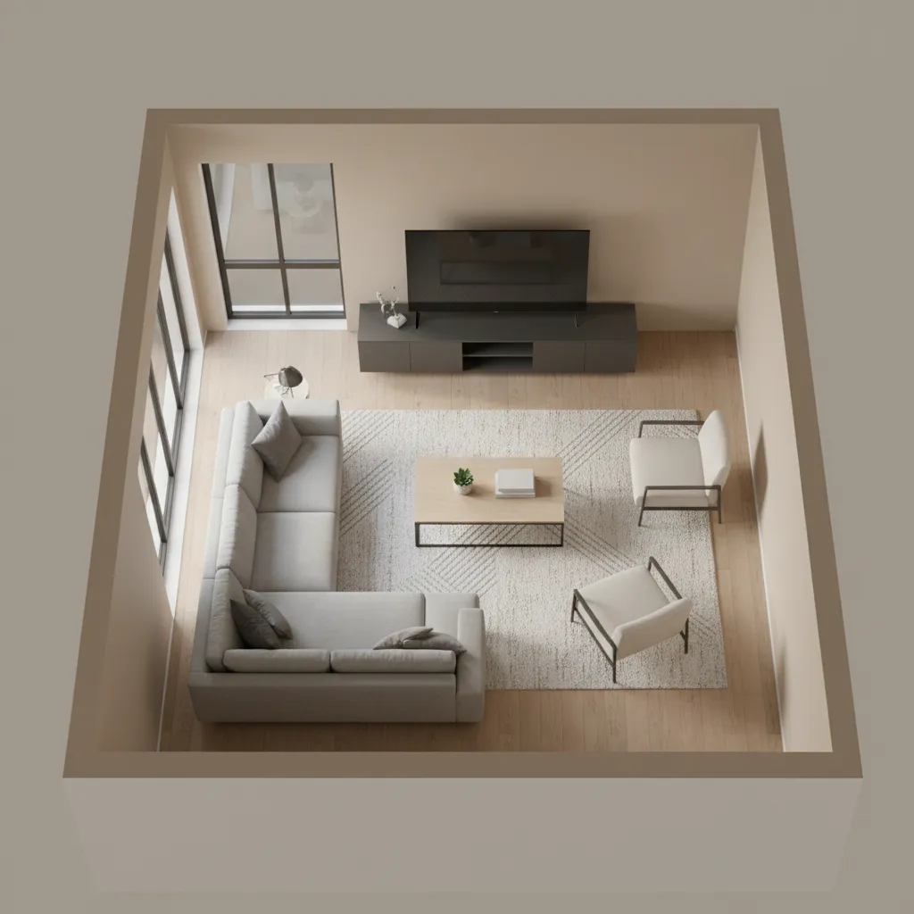 Plano digital 3D de un salón con sofá, mesa de centro y televisión