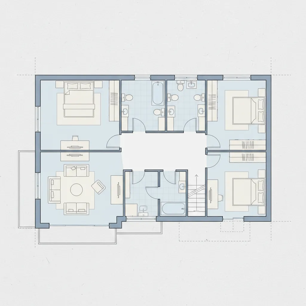 Plano arquitectónico de segunda planta con varias habitaciones y baños