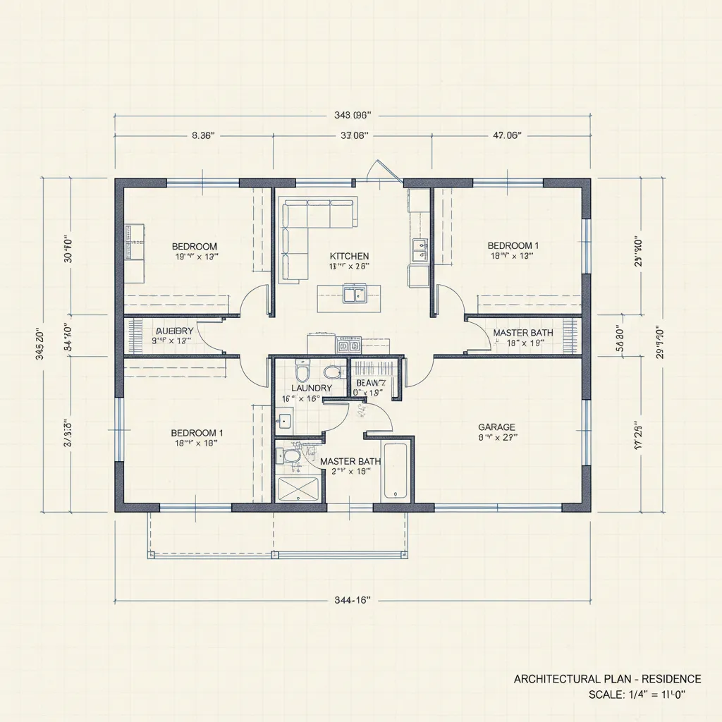 Plano técnico completo de una casa con cotas y anotaciones