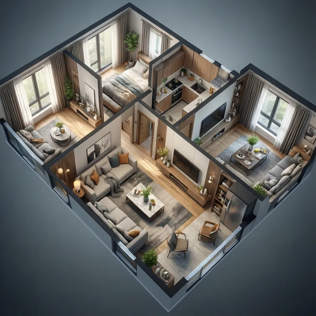 3D interior design drawing showing a furnished apartment layout with kitchen, bedroom, and living rooms