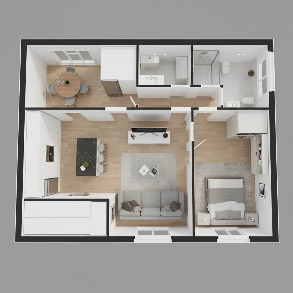 Interior design drawing of apartment layout showing bedroom kitchen living room and bathroom with furniture