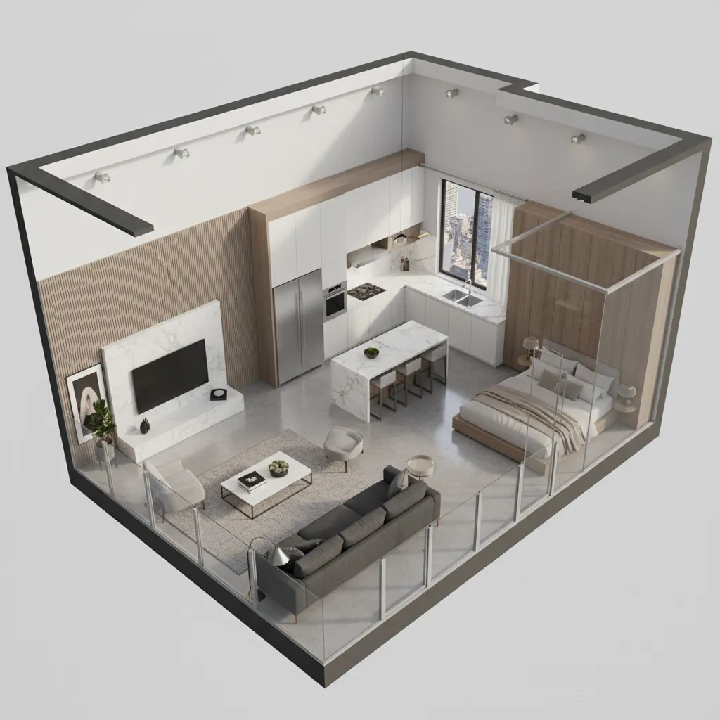 Modern studio apartment interior design drawing with open kitchen island bed grey sofa and TV