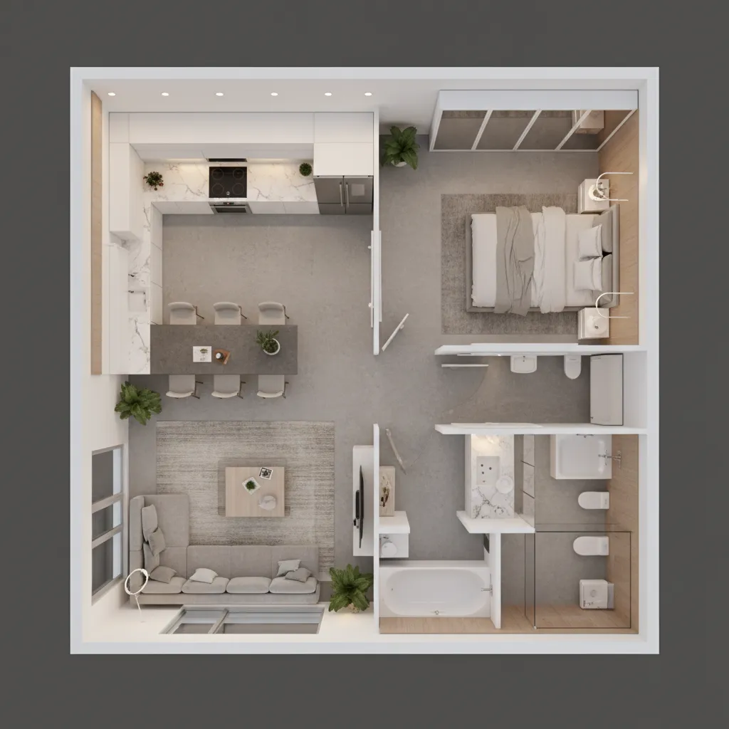 Plano de planta 3D de un apartamento con diferentes habitaciones