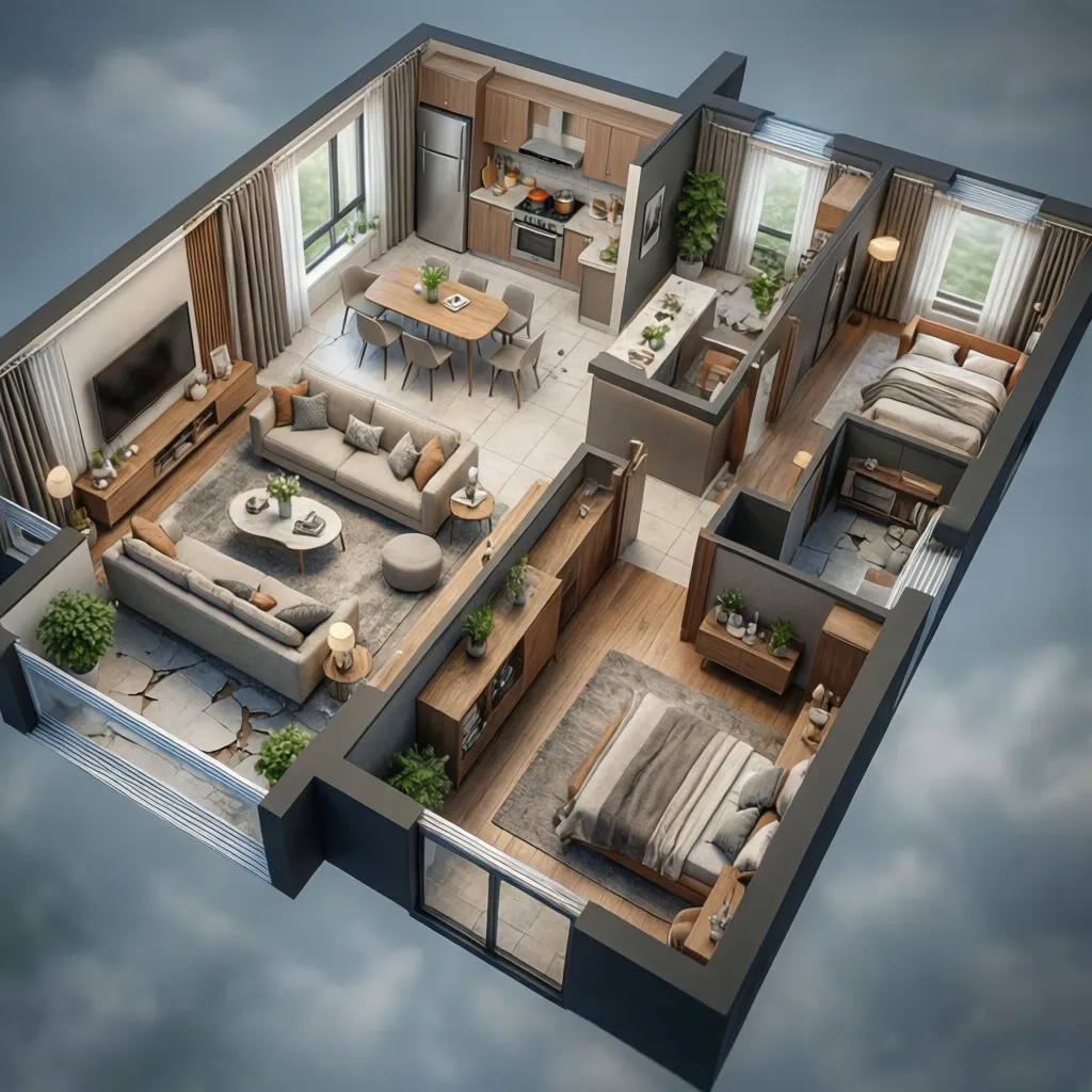 plano 3D de un apartamento con varias habitaciones y muebles colocados