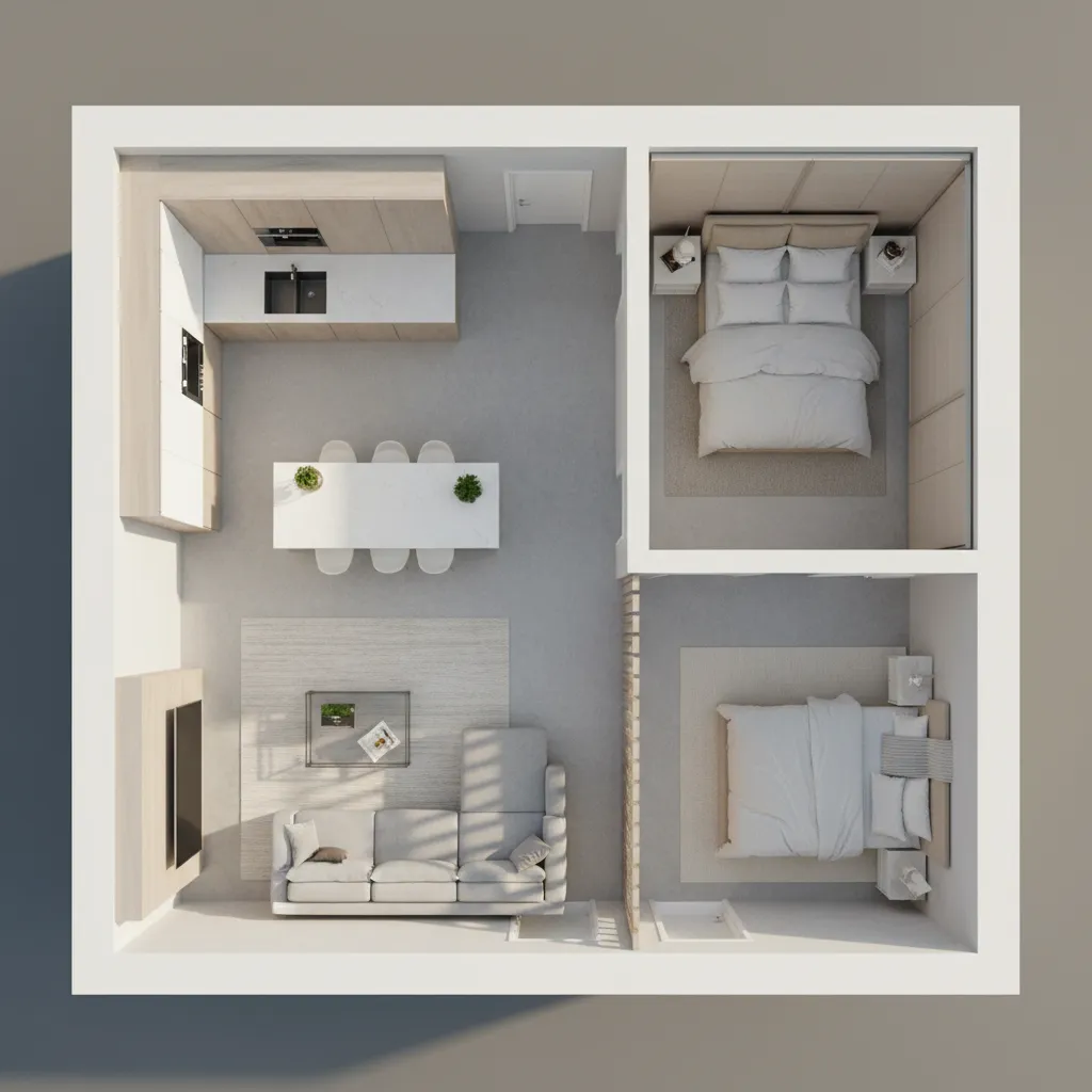 Top view 3D floor plan of a two bedroom apartment with kitchen and living room