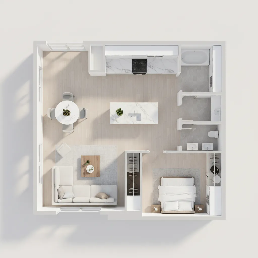 Top down interior design drawing of small apartment showing kitchen, living room, bedroom, and bathroom