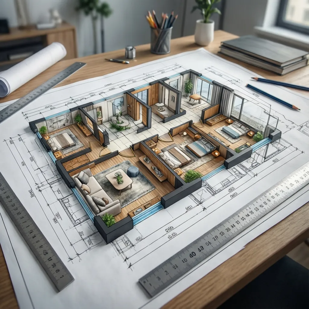Plano arquitectónico de una vivienda con distribución interior