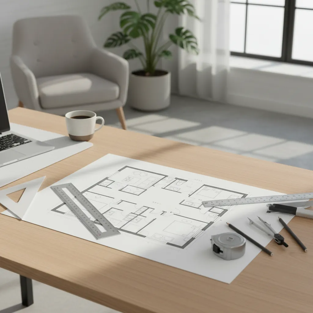 Detailed house floor plan on a wooden desk with a ruler, tape measure, and coffee
