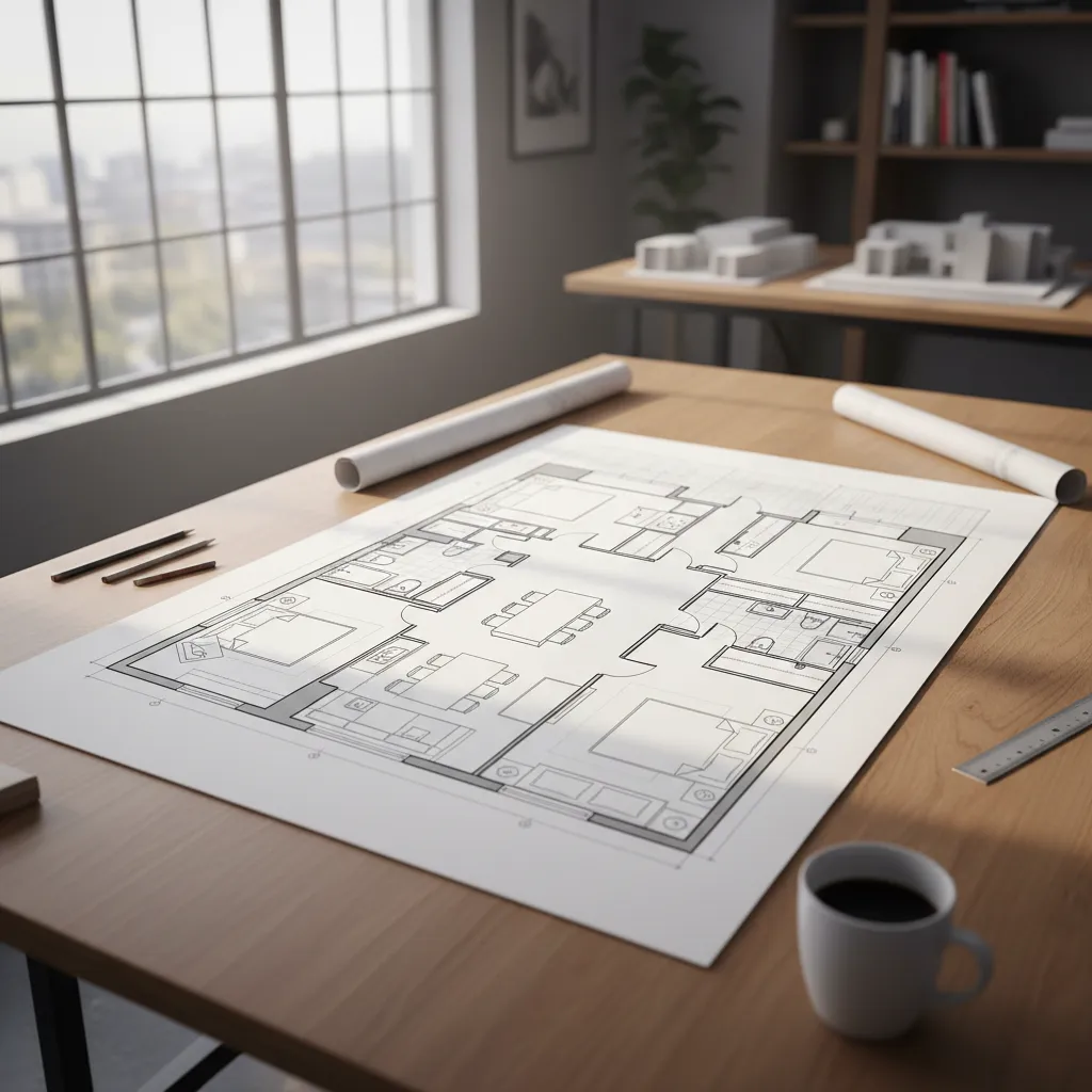 Plano arquitectónico de una vivienda moderna con distribución abierta