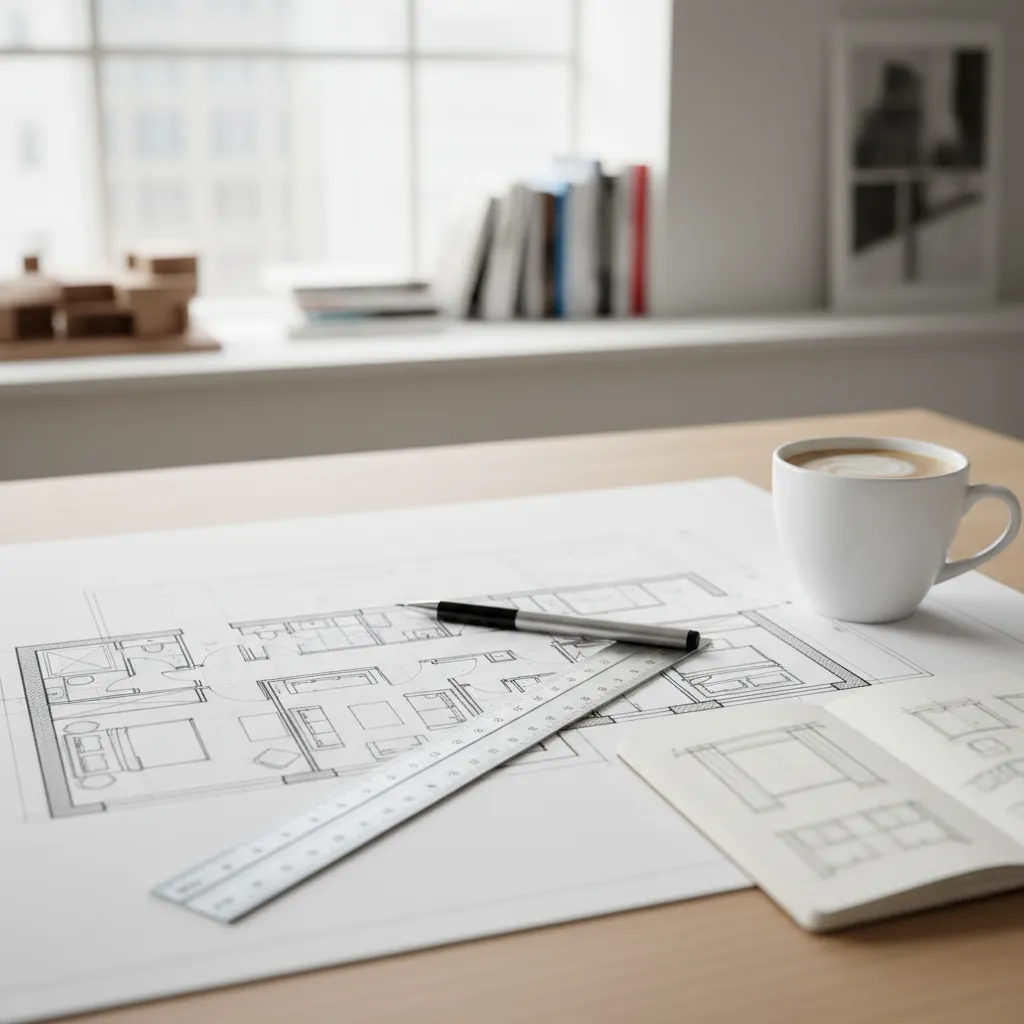 Plano de vivienda con distribución de muebles para proyecto de interiorismo