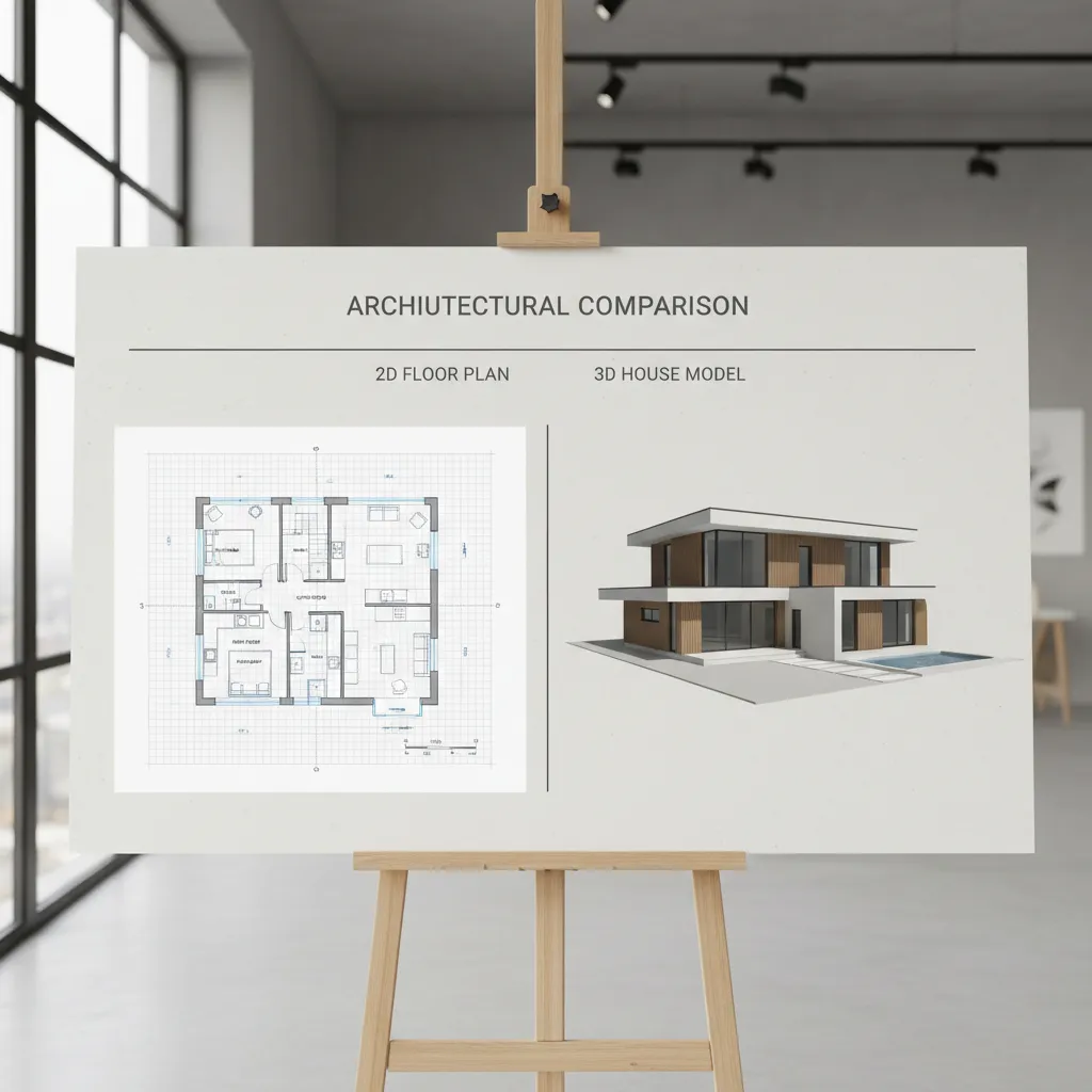 Building design comparison showing a flat floor plan and a modern 3D house exterior model