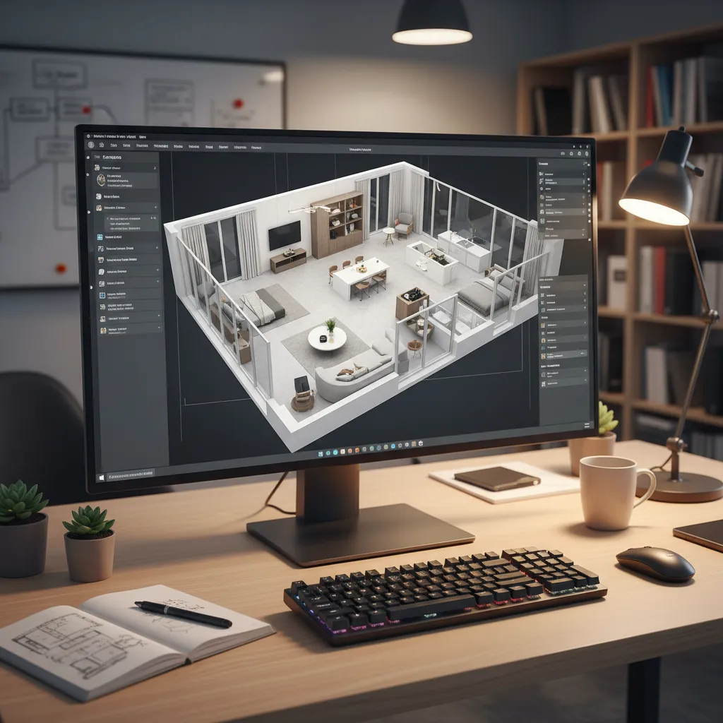 Pantalla con plano 3D de distribución interior de una vivienda