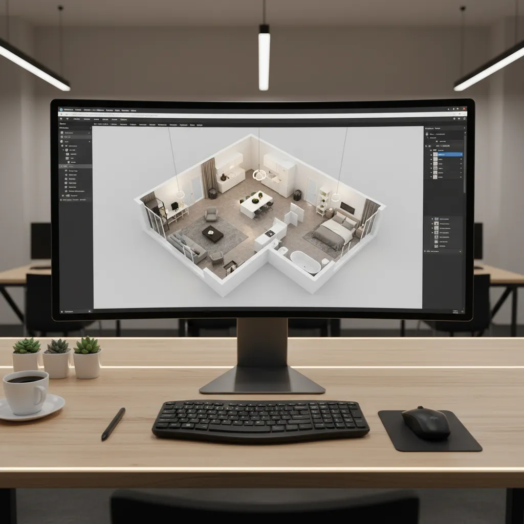 Pantalla mostrando un plano 3D de un apartamento durante un proyecto de interiorismo