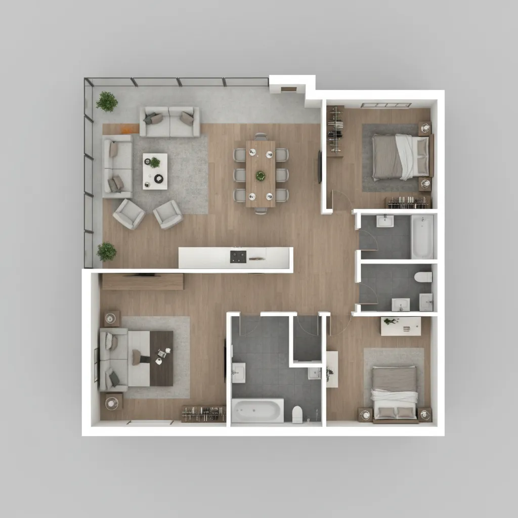 Visualización digital de un plano 3D de un apartamento