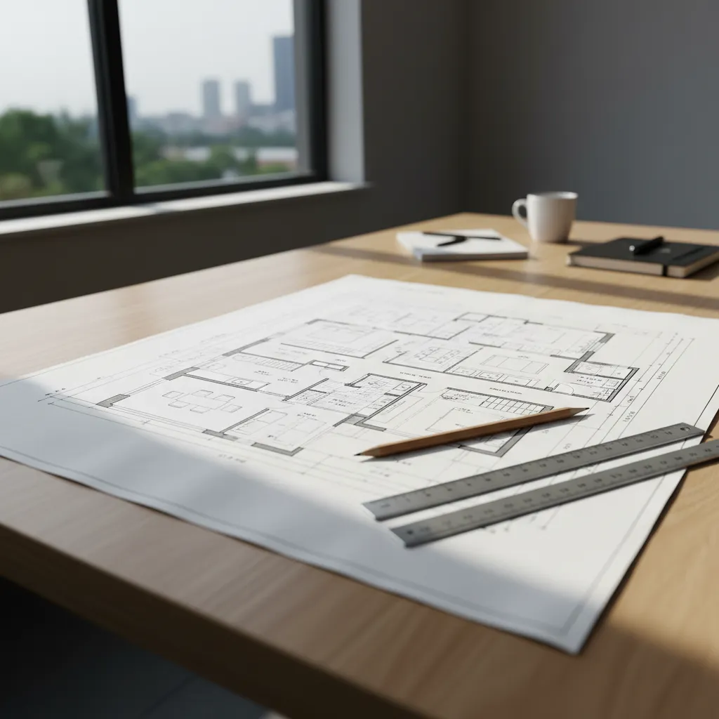 Detailed house floor plan drawing on wooden desk with pencil ruler and window in background
