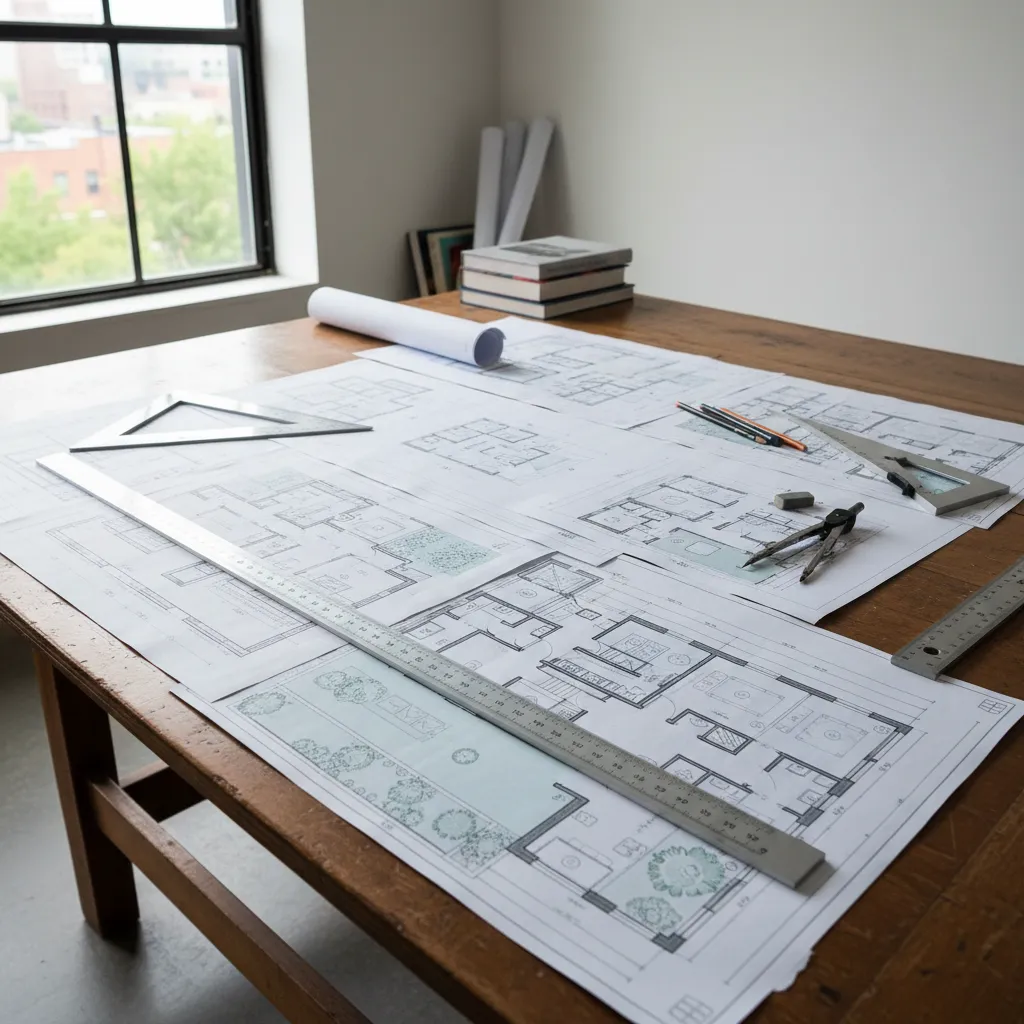 Planos arquitectónicos detallados extendidos sobre una mesa de trabajo