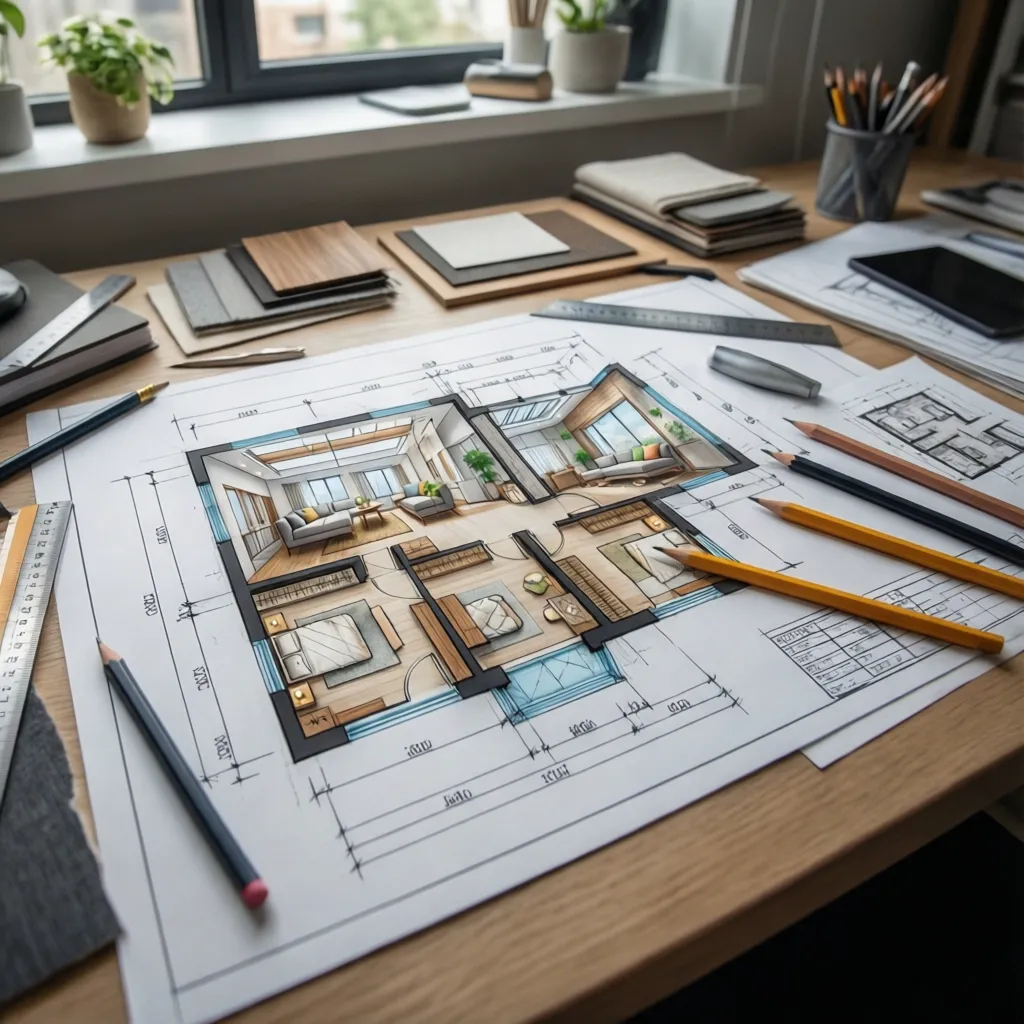 Plano arquitectónico y diseño interior sobre una mesa de trabajo